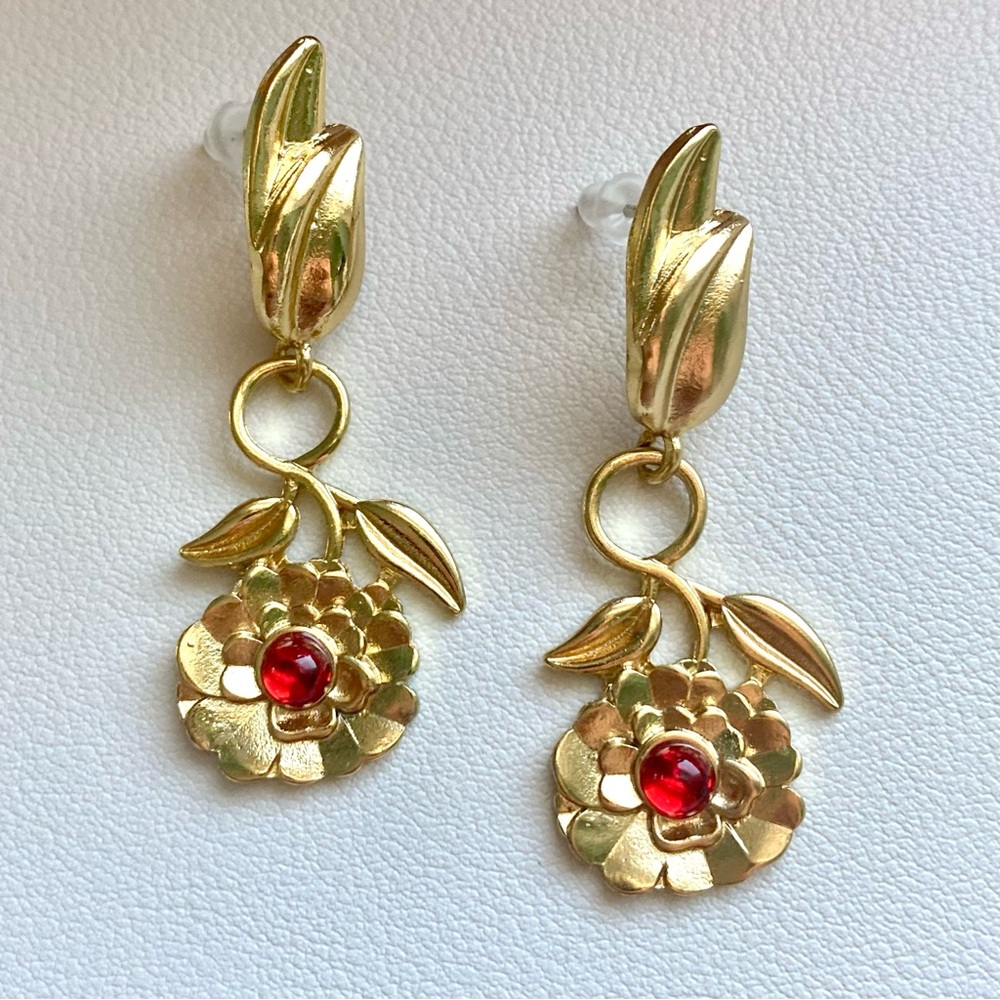 Elegant Gold and Red Floral Earrings